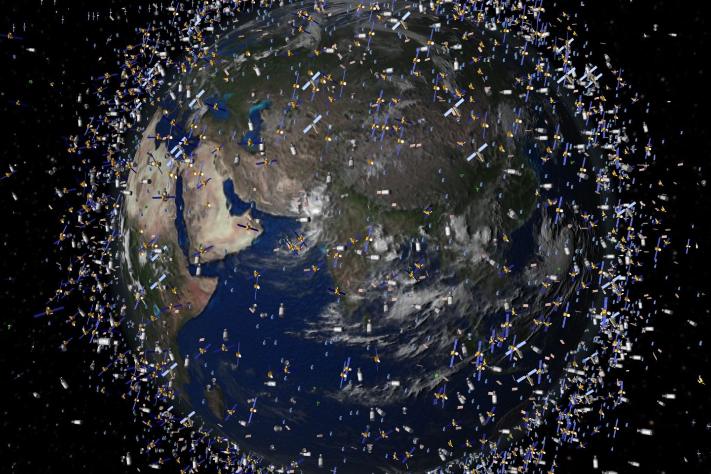 Tausende Satelliten und noch mehr Trümmerteile umfliegen die Erde - auch wenn sie eigentlich kleiner sind als auf diesem Bild.